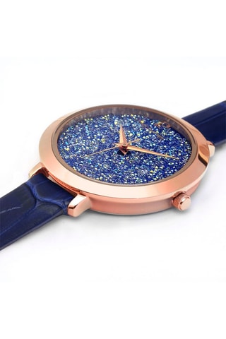 Leren Quartz Horloge versierd met Swarovski Cristal Kristallen - Blauw en Roségoudkleurig