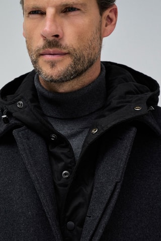 Manteau regular en laine à capuche - Gris foncé