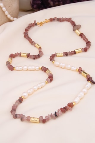 Collier - Plaqué or jaune et quartz fraises