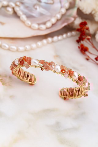 Jonc - Plaqué or jaune, perles de culture et quartz
