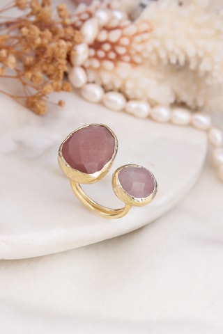 Bague – Plaqué or jaune, pierre de soleil et quartz 