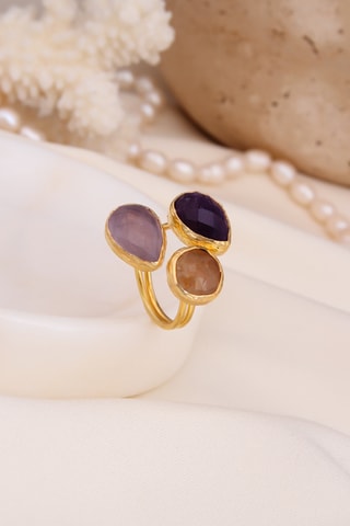 Bague – Plaqué or jaune, citrine, quartz et améthyste