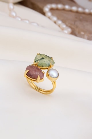 Bague - Plaqué or jaune, prehnite, pierre de soleil et perle de culture