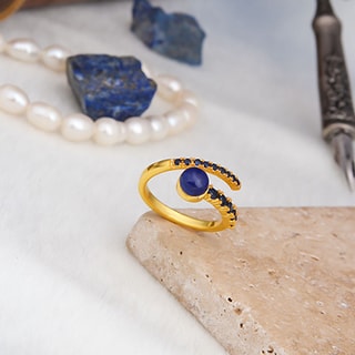 Bague - Laiton plaqué or, lapis & zircon