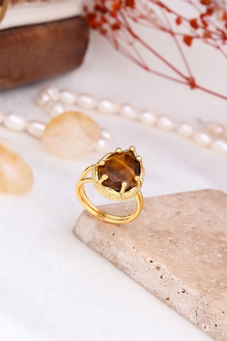 Bague - Plaqué or jaune et œil-de-tigre
