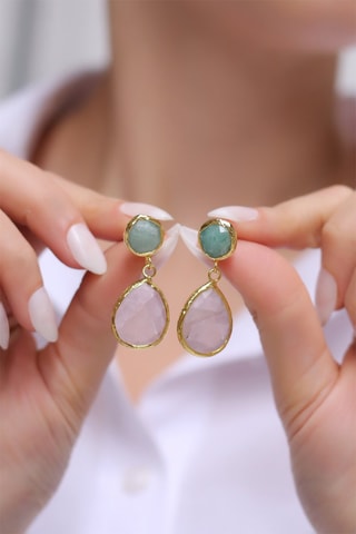 Boucles d'oreilles dorées à l'or fin jaune Amazonite et quartz rose