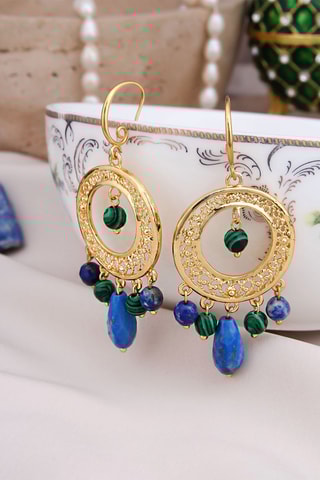 Boucles d’oreilles dorées à l'or fin jaune - Lapis-lazuli et malachites