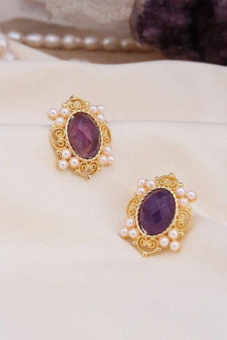 Boucles d’oreilles dorées à l'or fin jaune - Améthystes et perles de culture