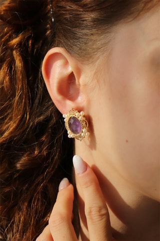 Boucles d’oreilles dorées à l'or fin jaune - Améthystes et perles de culture