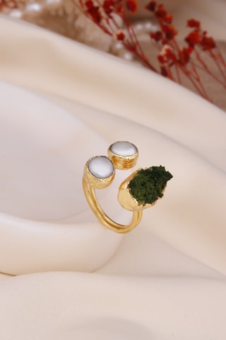Bague - Plaqué or jaune, perles de culture et quartz