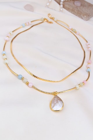 Ketting met meerdere rijen - Doublé Geelgoud, Maansteen en Cultivéparels