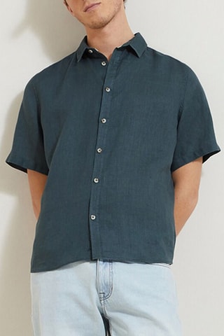 Camisa corta regular fit de lino - Turquesa