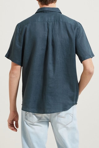 Camisa corta regular fit de lino - Turquesa