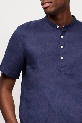 Camisa corta regular fit de lino - Azul