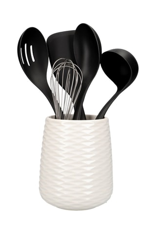 5 utensílios e vaso de arrumação em porcelana
