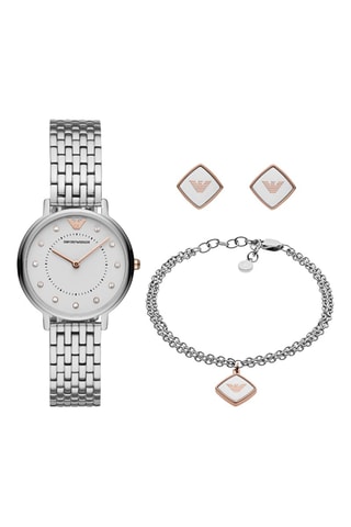 Bracelete, brincos e relógio de quartzo em aço - Prateado e dourado-rosa