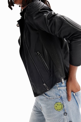 Blouson regular en cuir - Noir