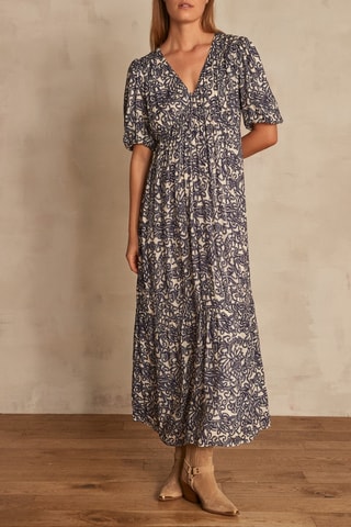 Vestido comprido Cecile - Cru e azul-noite