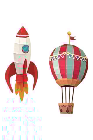 Origami 3D Troféu Easy Peasy Foguetão e Balão de ar quente - 30 x 15 x 6 cm - Vermelho e branco