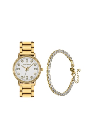 Coffret relógio de quartzo em aço e zircões e bracelete Paris