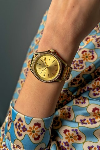 Relógio de quartzo em aço e zircões Cannes - Dourado e verde