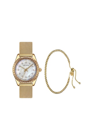 Coffret relógio de quartzo em aço e zircões e bracelete Tirana