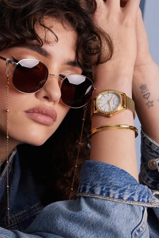 Coffret relógio de quartzo em aço e zircões e bracelete Tirana