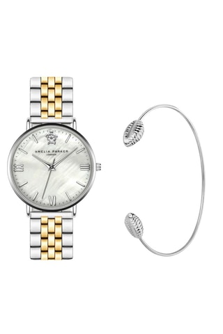 Coffret relógio de quartzo em aço e madrepérola e pulseira rígida Oyster