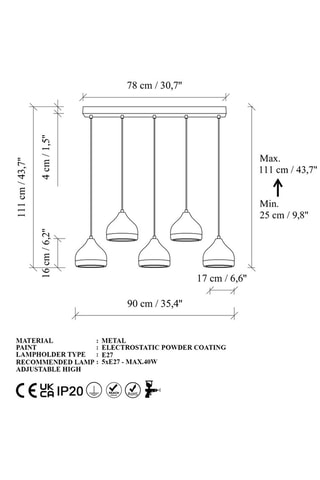 Candeeiro suspenso Yildo - Preto e dourado - 5 x 40 W