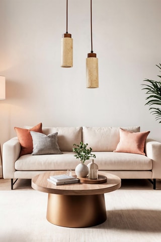 Candeeiro suspenso em travertino com revestimento em madeira - Natural - 2 x 10 W
