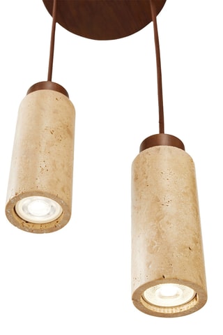 Candeeiro suspenso em travertino com revestimento em madeira - Natural - 2 x 10 W
