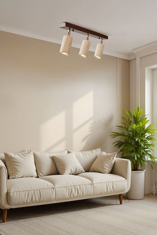 Candeeiro suspenso em travertino com revestimento em madeira - Natural - 3 x 10 W