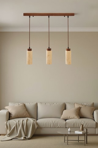 Candeeiro suspenso em travertino com revestimento em madeira - Natural - 3 x 10 W