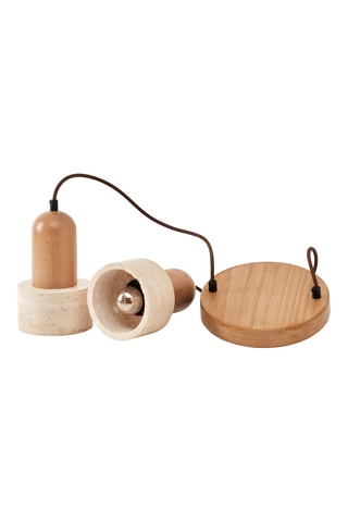 Candeeiro suspenso em travertino com revestimento em madeira - Natural - 40 W