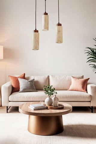 Candeeiro suspenso em travertino com revestimento em madeira - Natural - 3 x 40 W