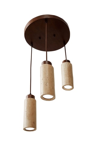 Candeeiro suspenso em travertino com revestimento em madeira - Natural - 3 x 40 W