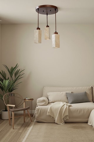 Candeeiro suspenso em travertino com revestimento em madeira - Natural - 3 x 10 W
