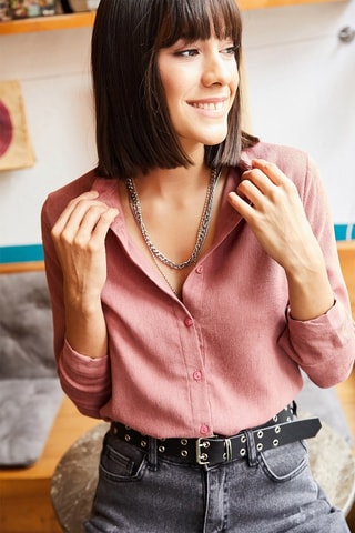 Chemisier slim en velours - Vieux rose