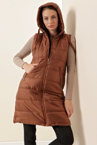 Gilet long regular à capuche sans manches - Marron