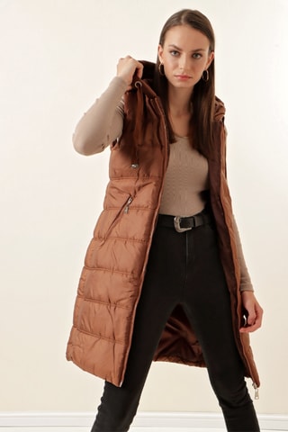 Gilet long regular à capuche sans manches - Marron