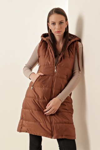 Gilet long regular à capuche sans manches - Marron