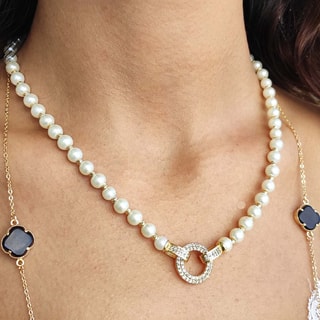 Collier de perles - Laiton plaqué or & zircons 