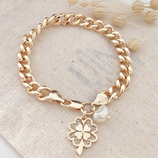 Bracelet trèfle - Laiton doré à l'or fin et zircons
