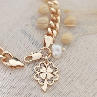 Bracelet trèfle - Laiton doré à l'or fin et zircons