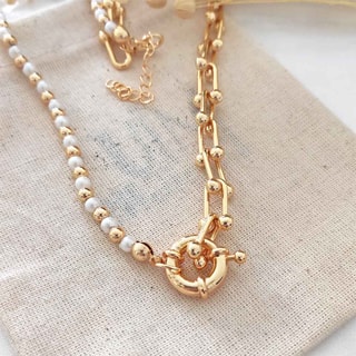 Collier - Laiton doré & perles synthétiques