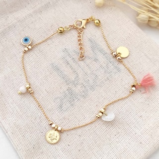 Bracelet de cheville avec perles œil & pièces de monnaie ancienne - Laiton plaqué or 