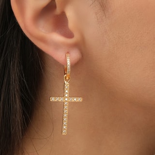 Boucles d'oreilles croix - Laiton plaqué or & zircons