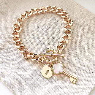 Bracelet cadenas & trèfle - Laiton plaqué or & nacre blanche