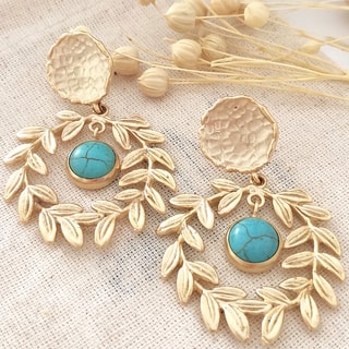 Boucles d'oreilles pendantes - Laiton plaqué or & agate turquoise