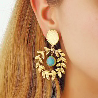 Boucles d'oreilles pendantes - Laiton plaqué or & agate turquoise